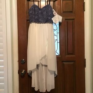 Macy’s white and navy high/low dress